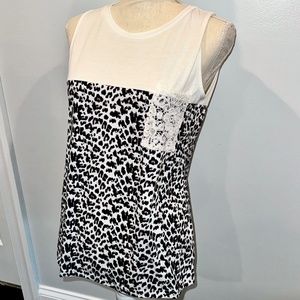 White Sleeveless Tank Lace Pocket Animal Print Cheetah Leopard Medium Summer She